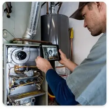 A technician inspects a home furnace with a tablet
