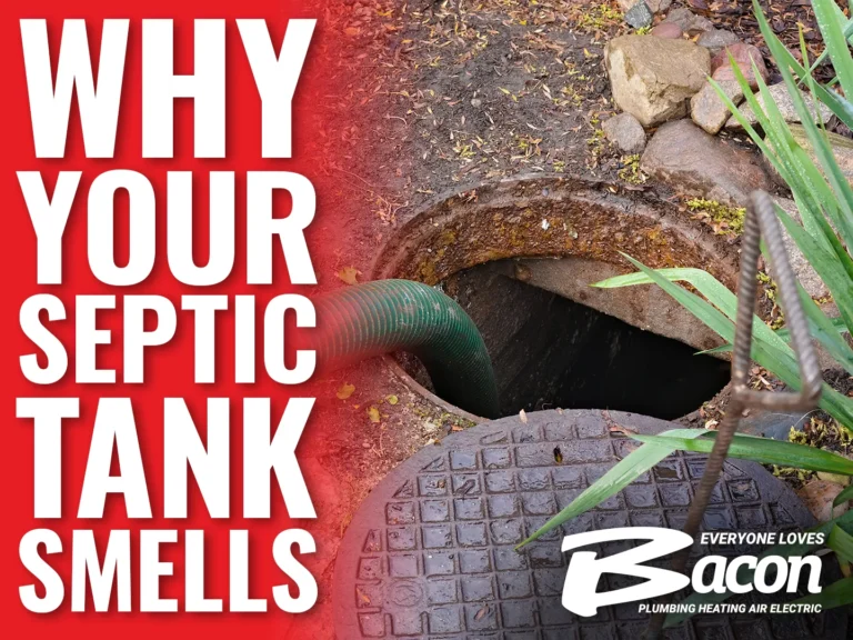 Open septic tank with green hose inserted for pumping, surrounded by rocks and plants, next to bold red text reading “Why Your Septic Tank Smells.” Logo at bottom right says “Everyone Loves Bacon – Plumbing, Heating, Air, Electric