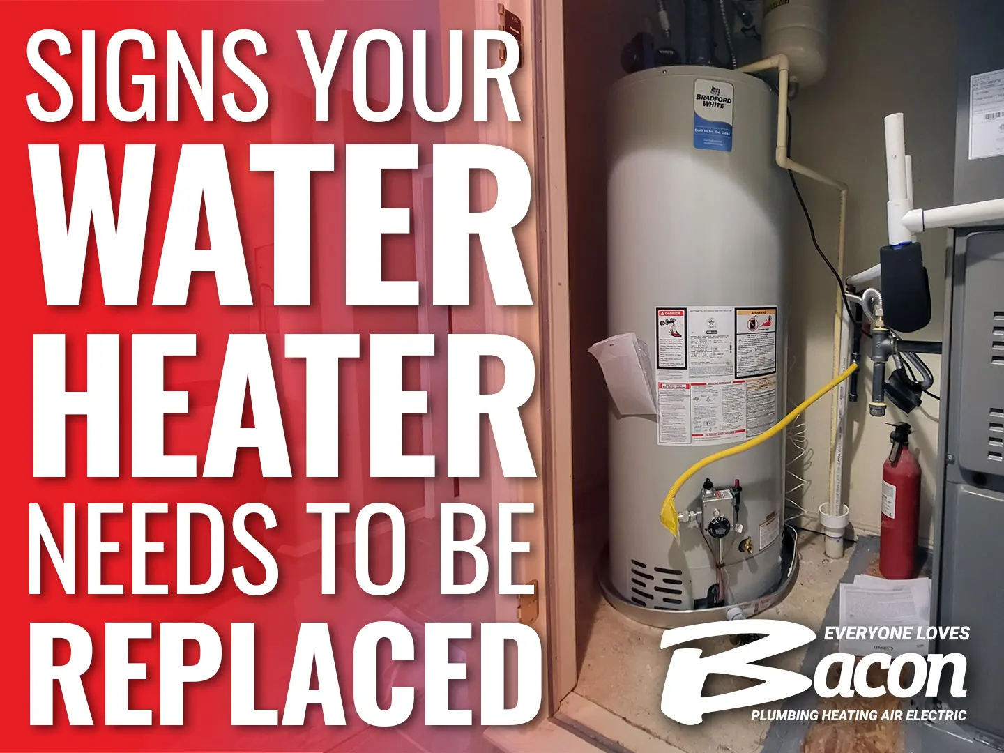Image of a water heater and furnace in a utility closet, with the text 'Signs Your Water Heater Needs to Be Replaced' in bold white letters on a red background to the left.