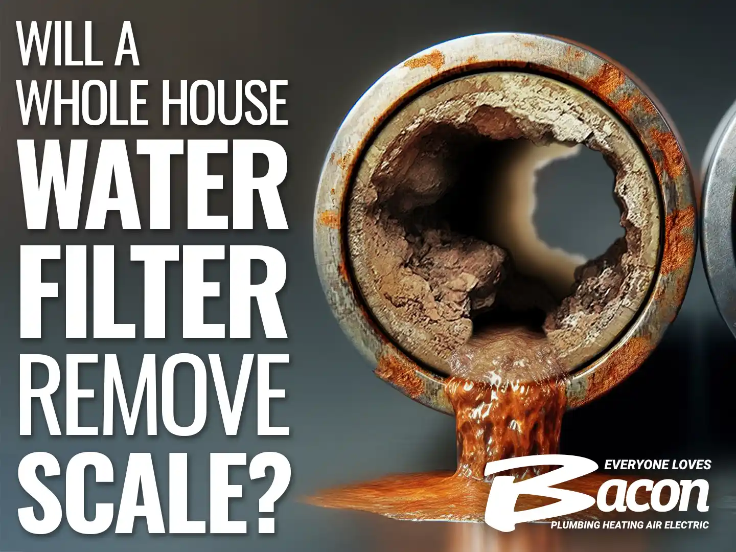 Side-by-side comparison of two pipes: one severely clogged with rust and scale, and the other clean with water flowing through it. The text 'Will a Whole House Water Filter Remove Scale?' is displayed in bold white letters on the left side.