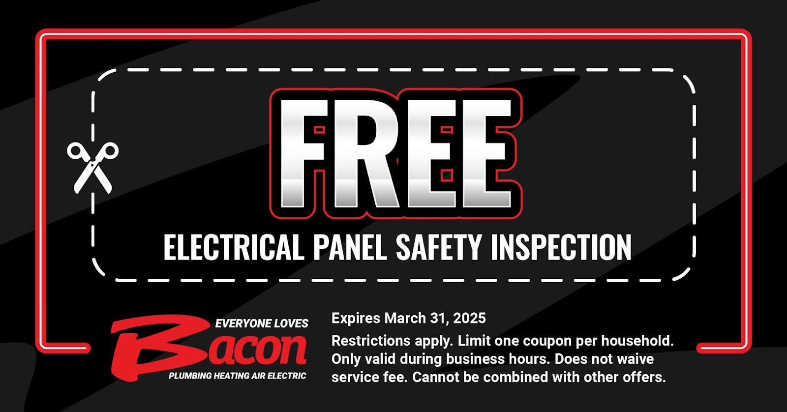 Coupon offering a free electrical panel safety inspection. Valid until March 31, 2025. Restrictions apply: one coupon per household, valid only during business hours, does not waive service fees, and cannot be combined with other offers.