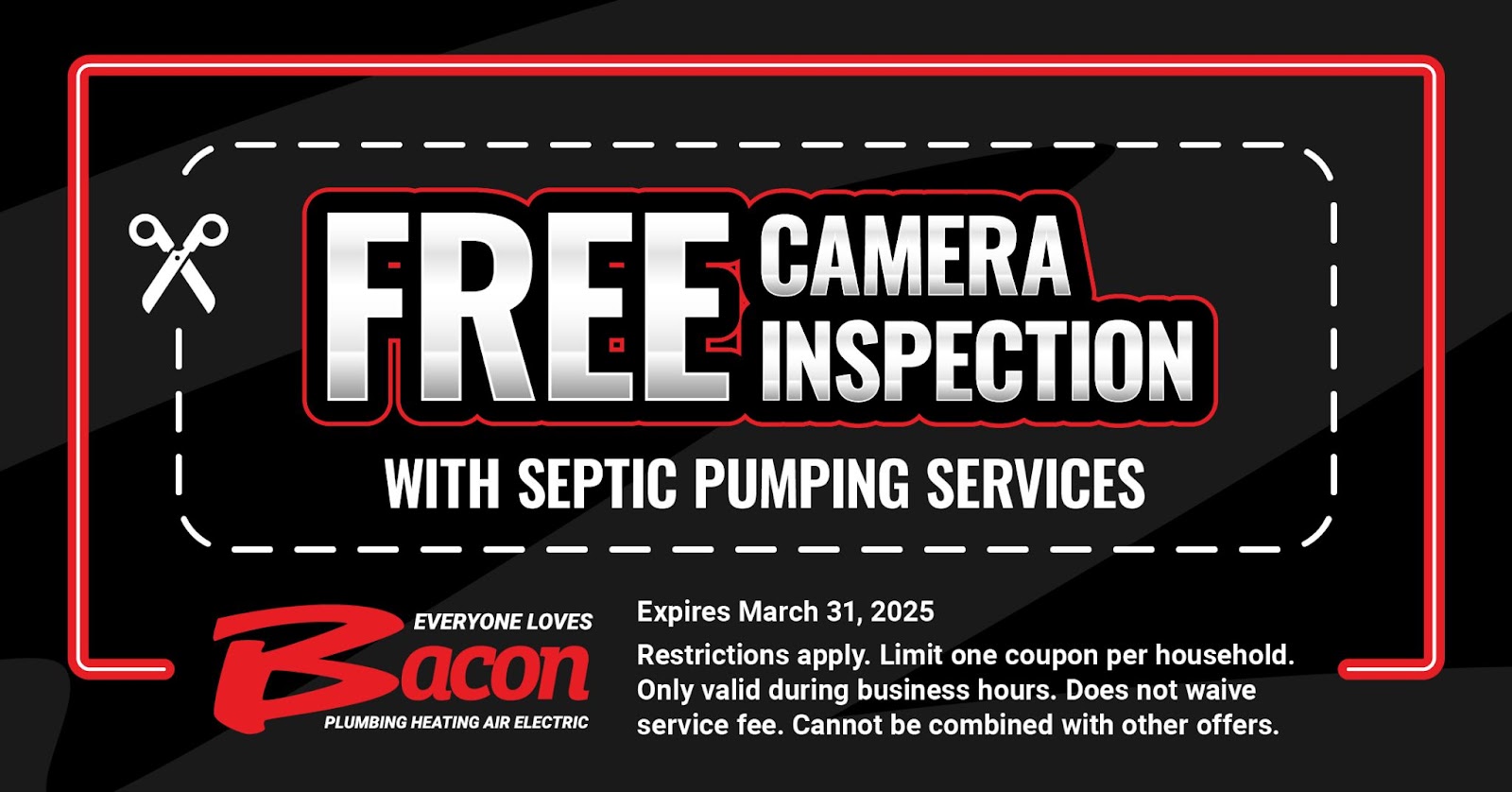Coupon offering a free camera inspection with septic pumping services. Valid until March 31, 2025. Restrictions apply: one coupon per household, valid only during business hours, does not waive service fees, and cannot be combined with other offers.