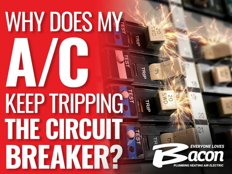 Circuit breakers sparking with text reading “Why does my A/C keep tripping the circuit breaker?” and Bacon Plumbing Heating Air Electric logo.