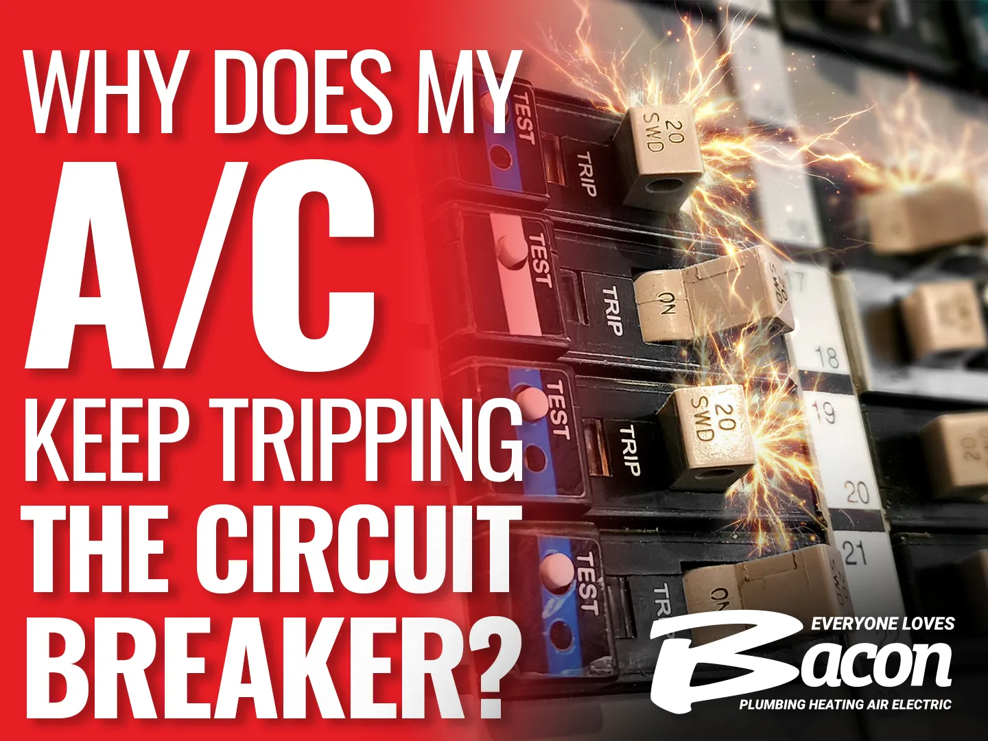 Circuit breakers sparking with text reading “Why does my A/C keep tripping the circuit breaker?” and Bacon Plumbing Heating Air Electric logo.