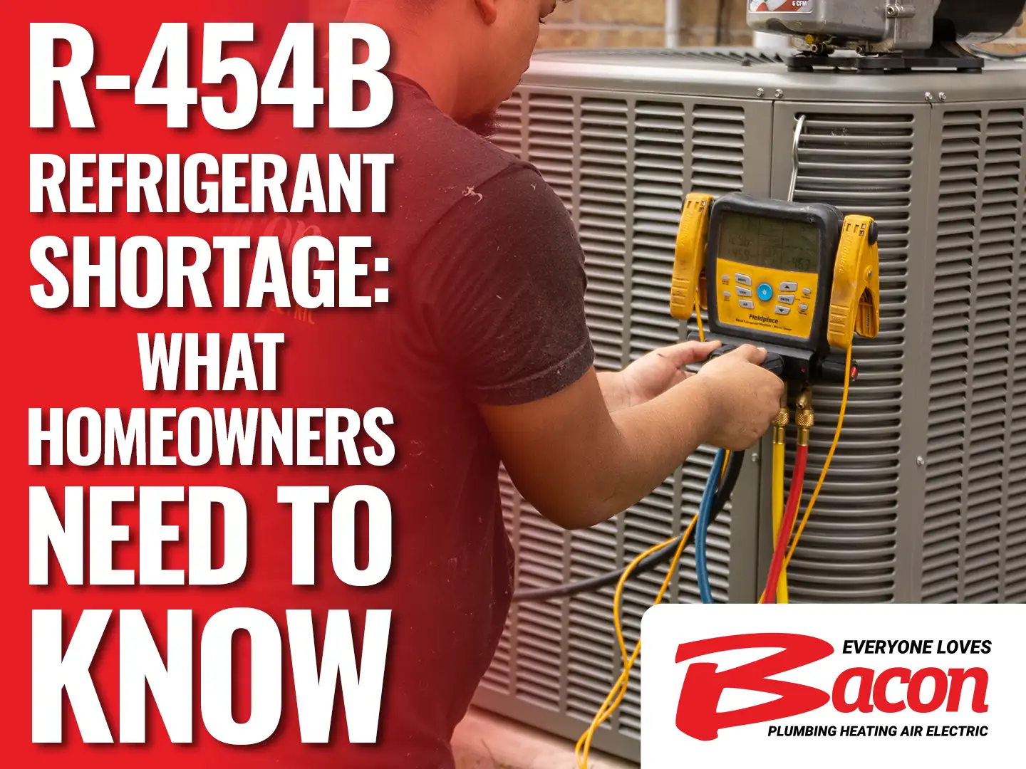 Technician in a Bacon Plumbing shirt checking an outdoor HVAC unit with a gauge, alongside text about R-454B refrigerant shortage.
