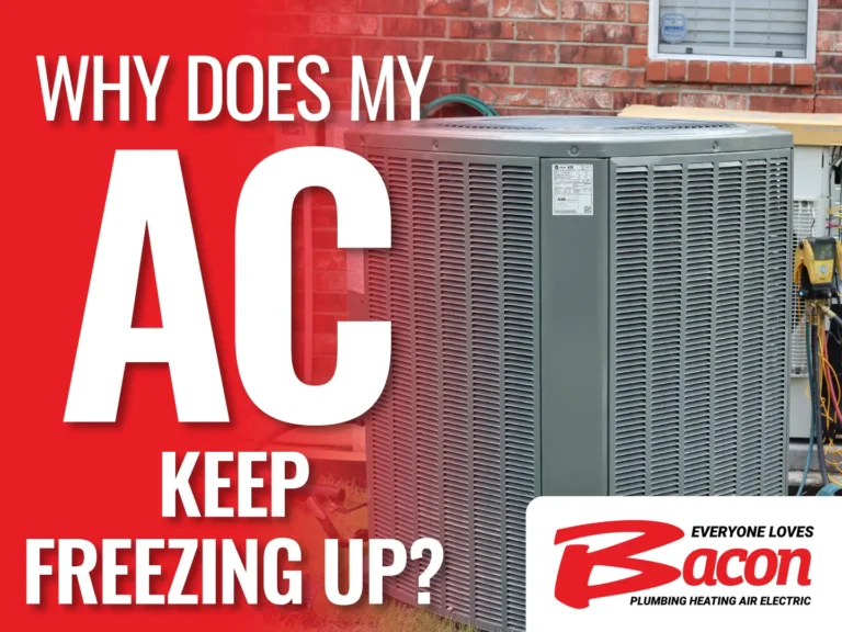 Outdoor AC unit with service tools nearby and text overlay asking 'Why does my AC keep freezing up' – HVAC image from Bacon Plumbing Heating Air Electric. The image showing an ac freezing up.