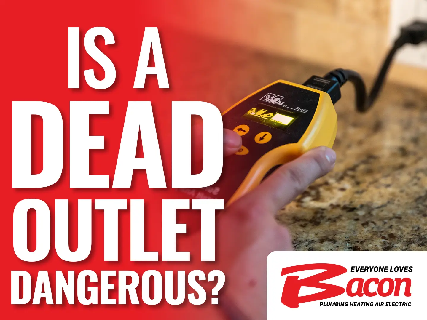 A yellow electrical tester plugged into a kitchen outlet, with overlay text ‘Is a dead outlet dangerous?’