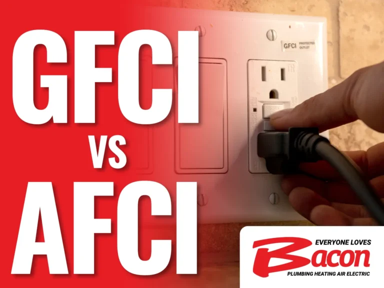 Hand plugging a cord into a GFCI electrical outlet with large text reading ‘GFCI vs AFCI’ and the Bacon Plumbing Heating Air Electric logo.